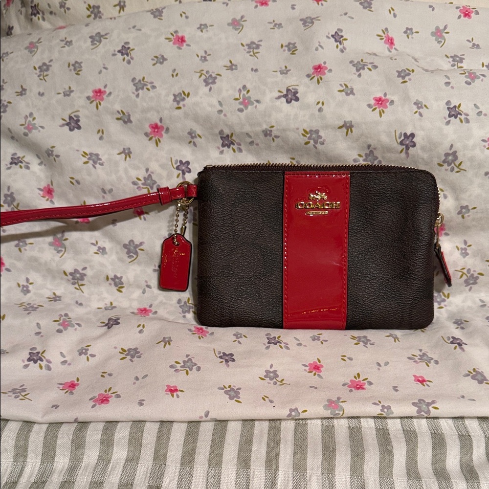 Coach Brown and Red Leather Wristlet Clutch